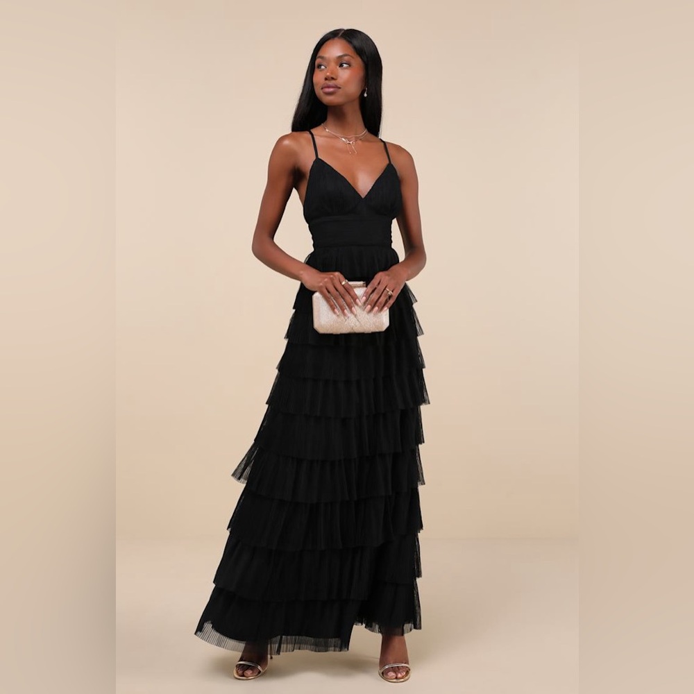 Radiant Event Black Mesh Tiered Pleated Backless Maxi Dress